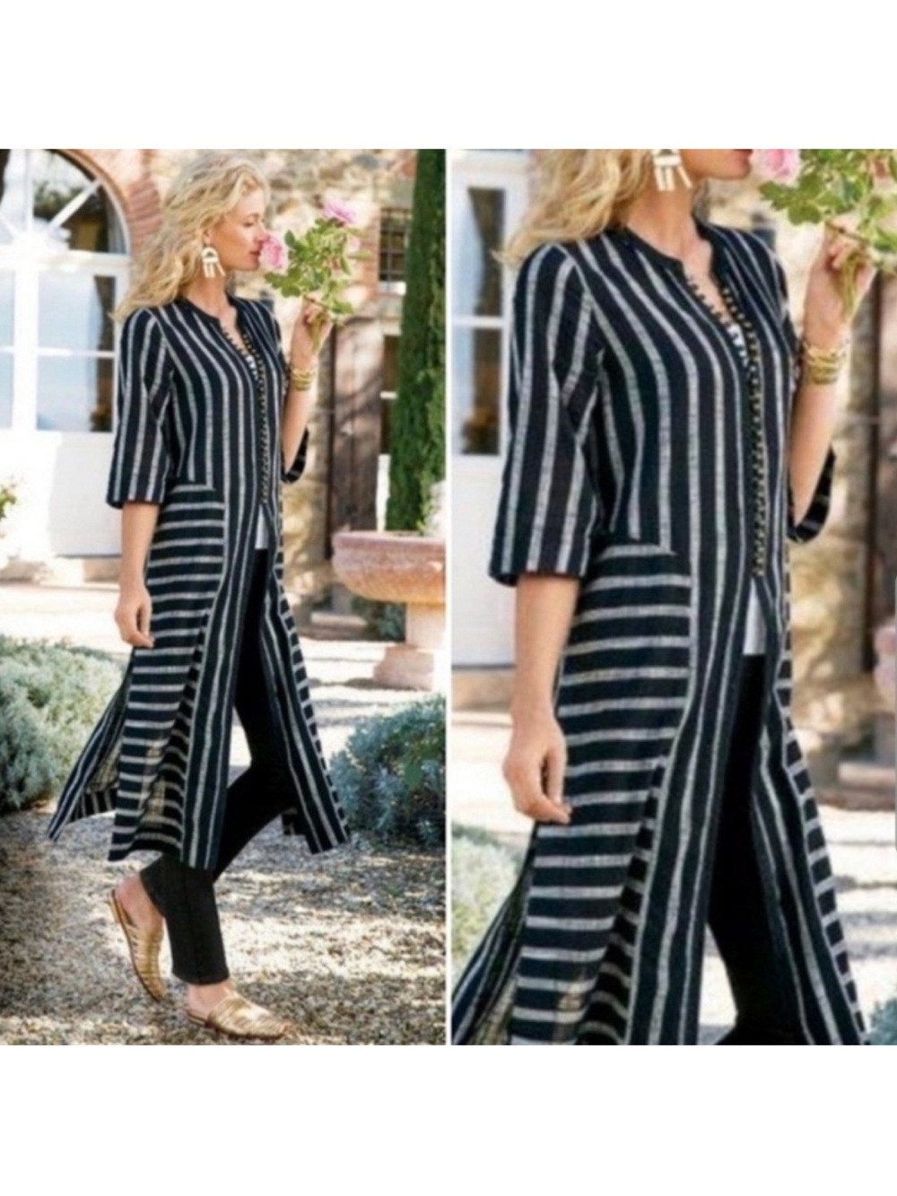 Soft Surroundings Plus Size Black Striped Morocan Duster Topper Cotton SZ 1X